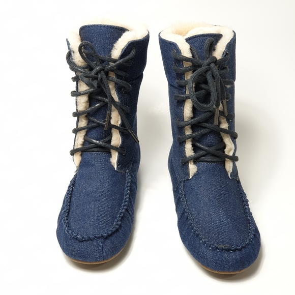 Emu Australia Brooklyn fur and Denim moccasin lace-up booties size 9 - Picture 14 of 15